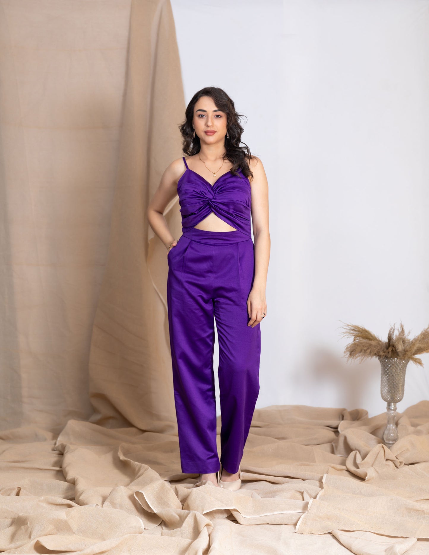 Purple Twisted Bustier Waist-Cut Jumpsuit