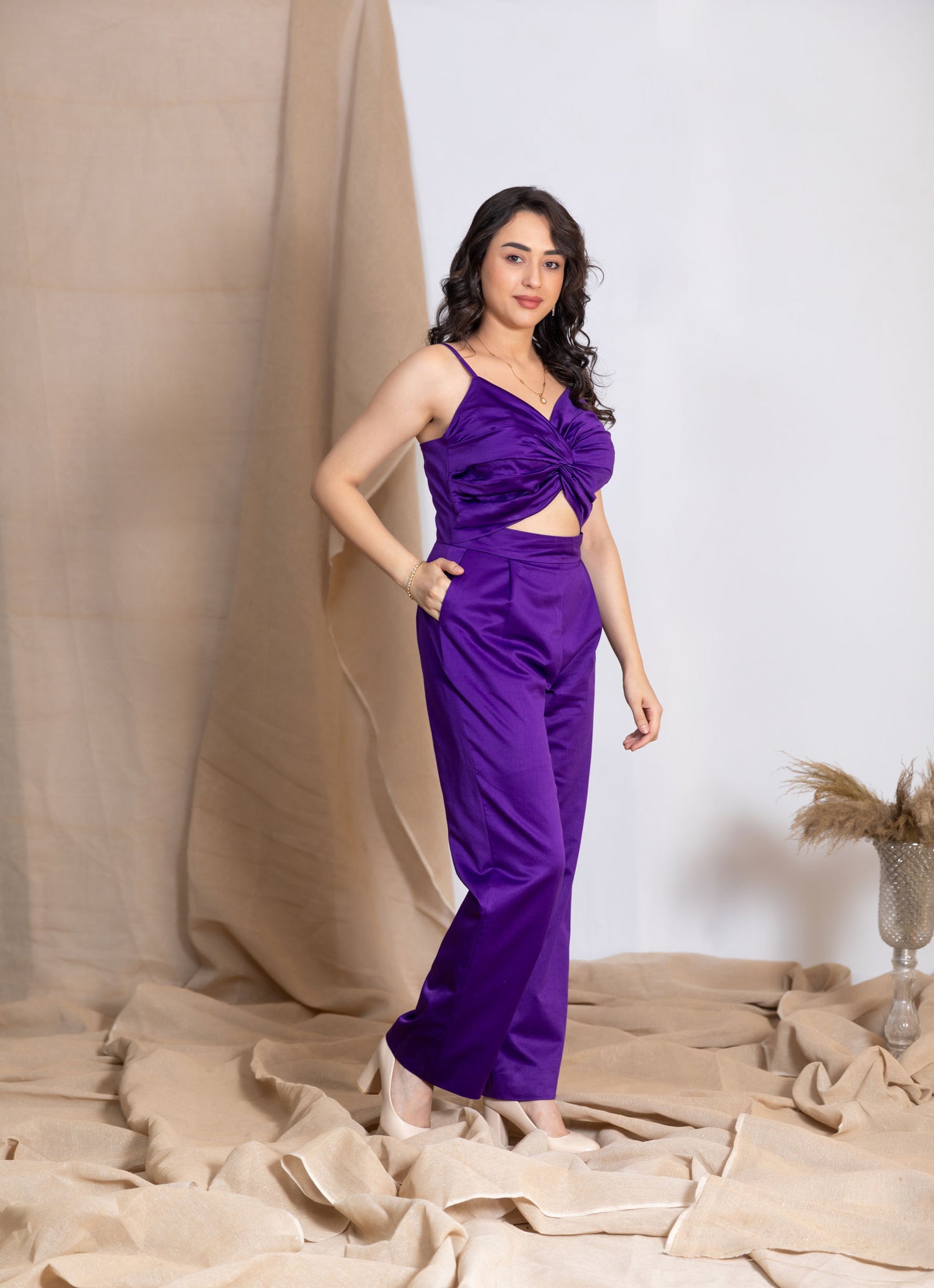 Purple Twisted Bustier Waist-Cut Jumpsuit