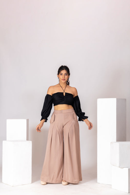 Black and Tan Brown Tube Top with Box Pleat Pants