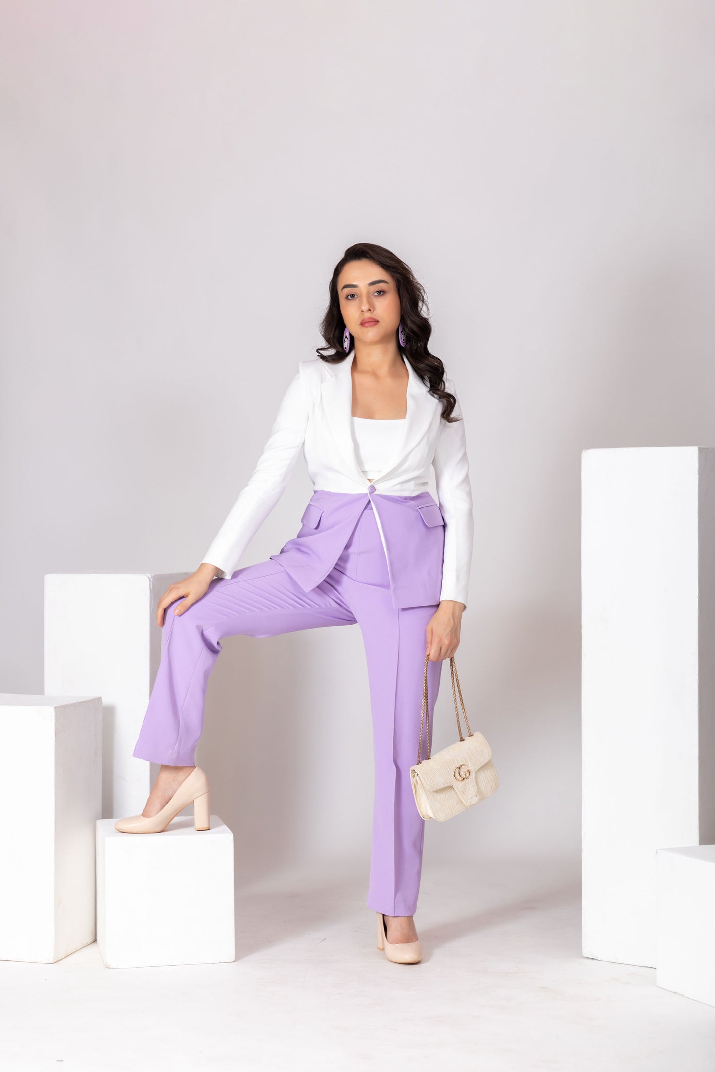 Lilac & White Color Blocking Pantsuit