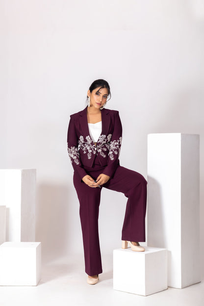 Wine Red Embroidered Blazer Pantsuit