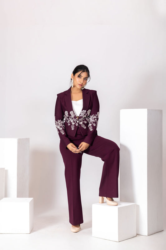 Wine Red Embroidered Blazer Pantsuit