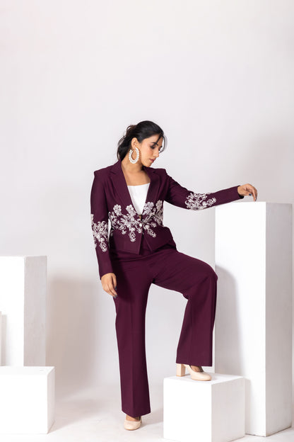 Wine Red Embroidered Blazer Pantsuit