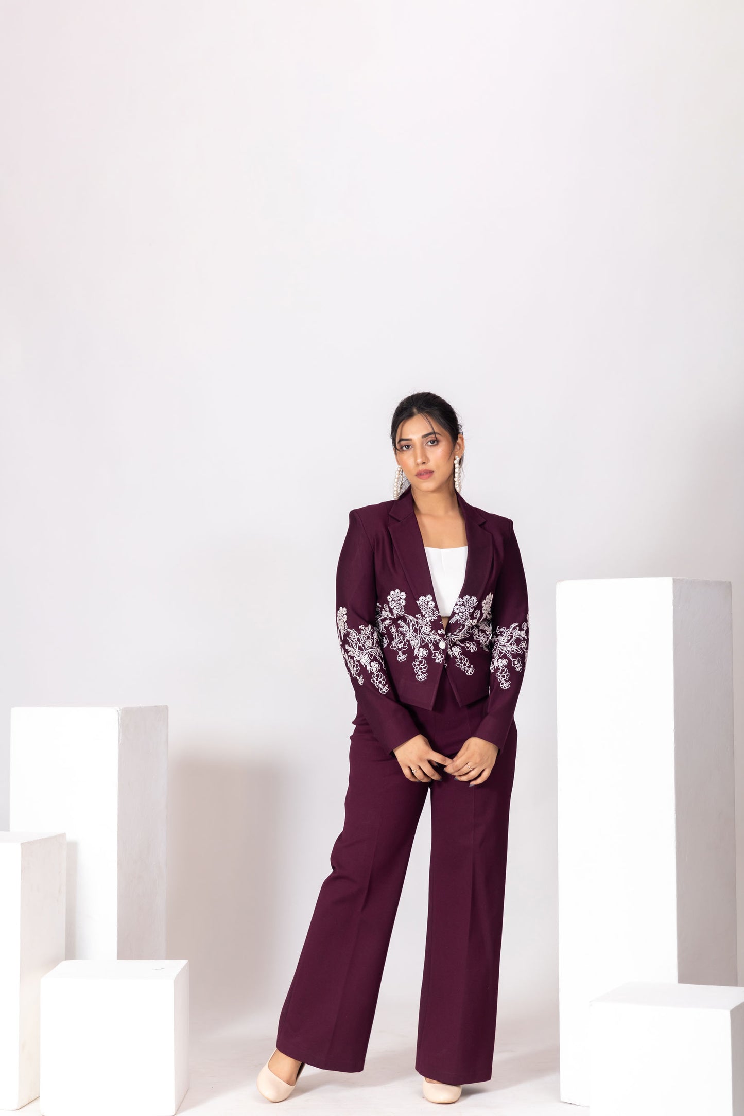 Wine Red Embroidered Blazer Pantsuit