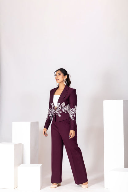 Wine Red Embroidered Blazer Pantsuit