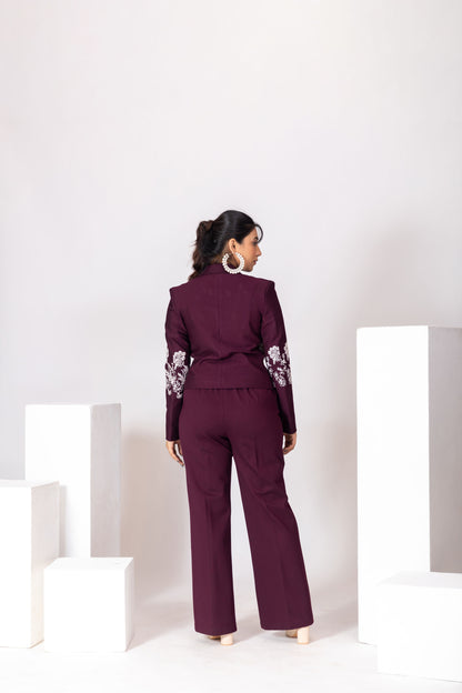 Wine Red Embroidered Blazer Pantsuit