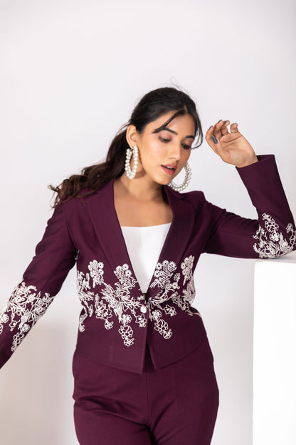 Wine Red Embroidered Blazer Pantsuit