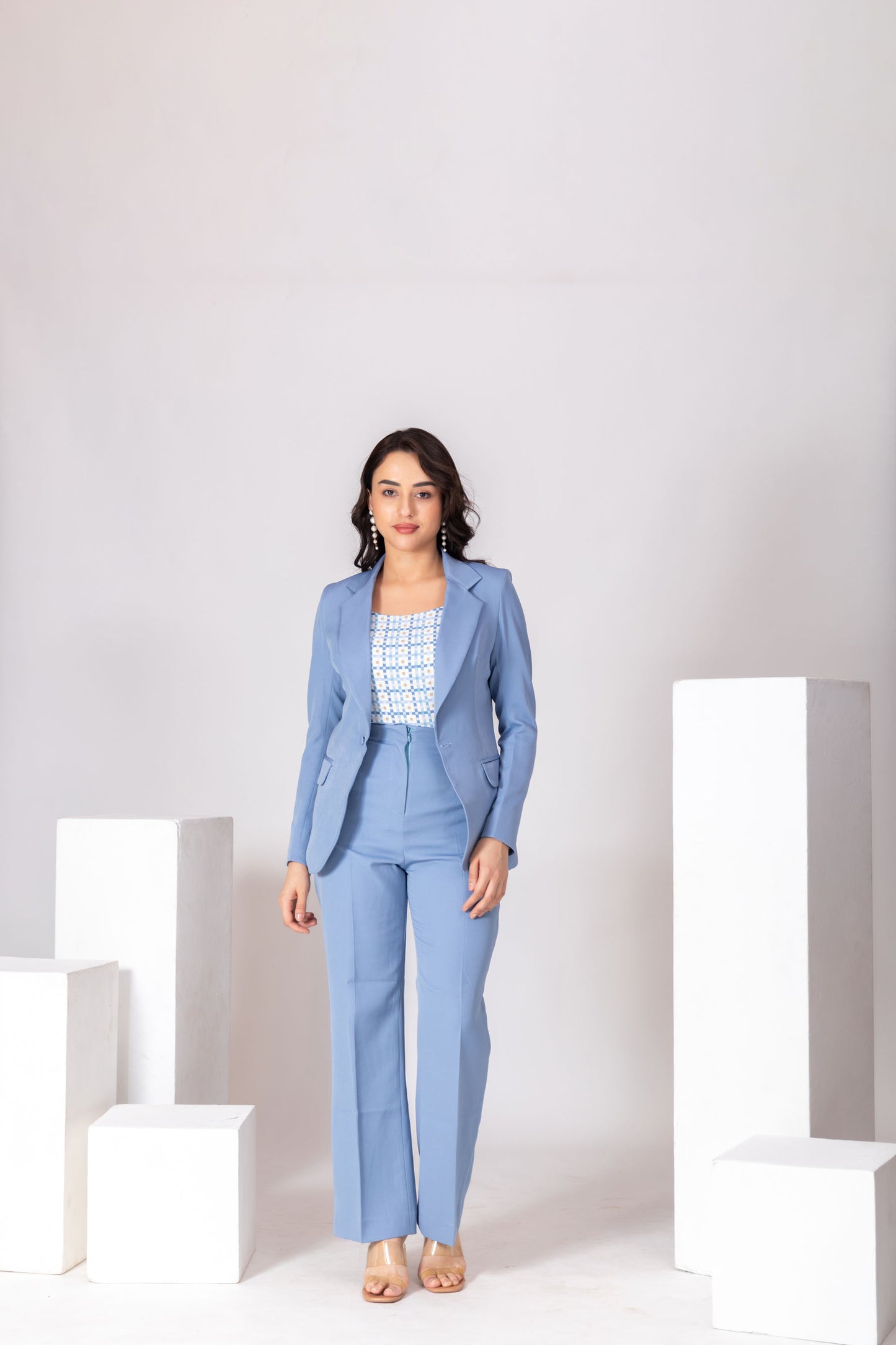 Powder Blue 3-Piece Set With Grid Pattern Top