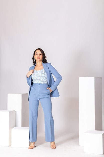 Powder Blue 3-Piece Set With Grid Pattern Top