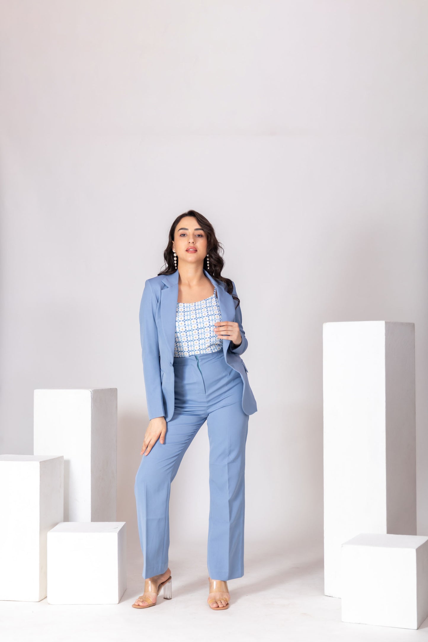 Powder Blue 3-Piece Set With Grid Pattern Top