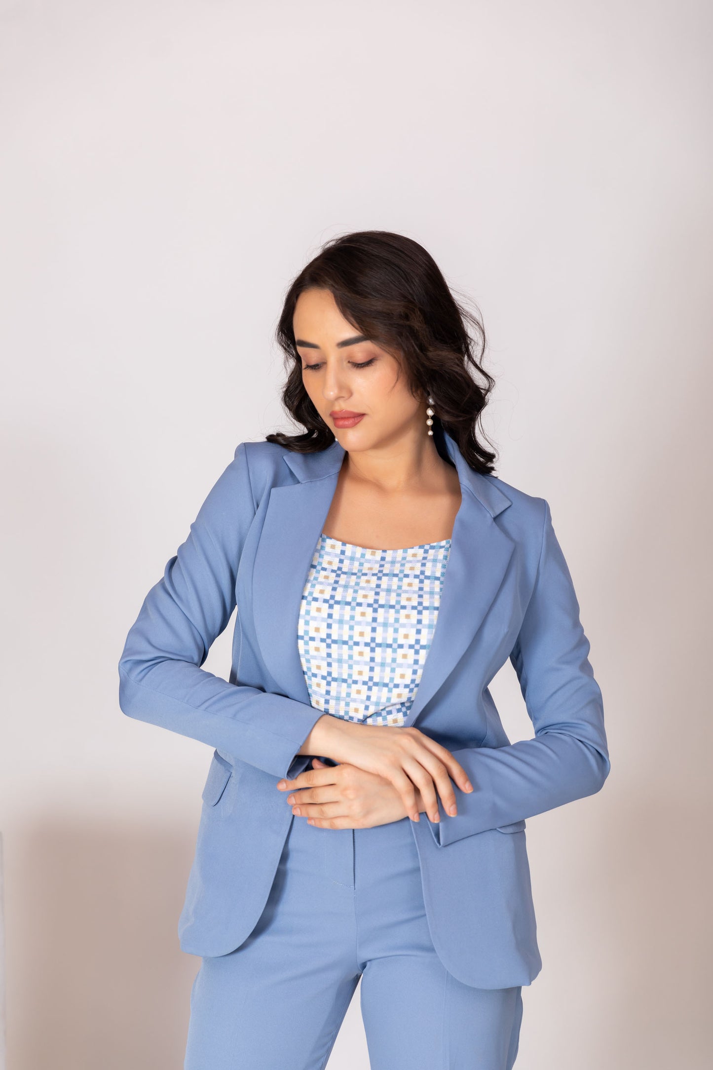 Powder Blue 3-Piece Set With Grid Pattern Top