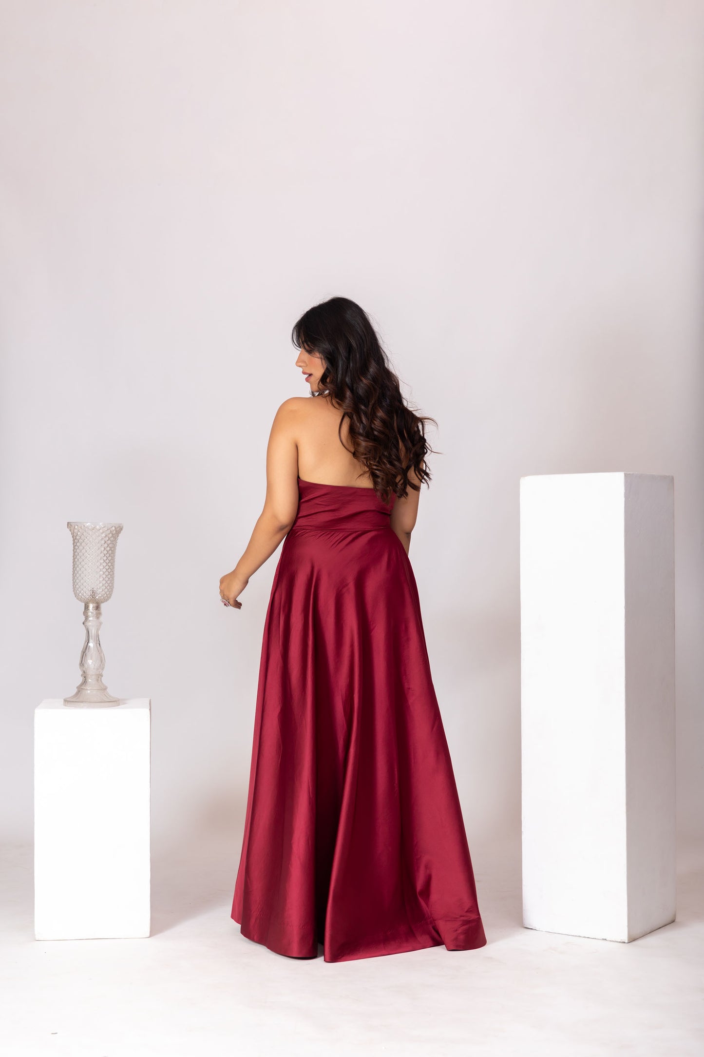 Maroon Red Pleated Bustier Off-Shoulder Gown