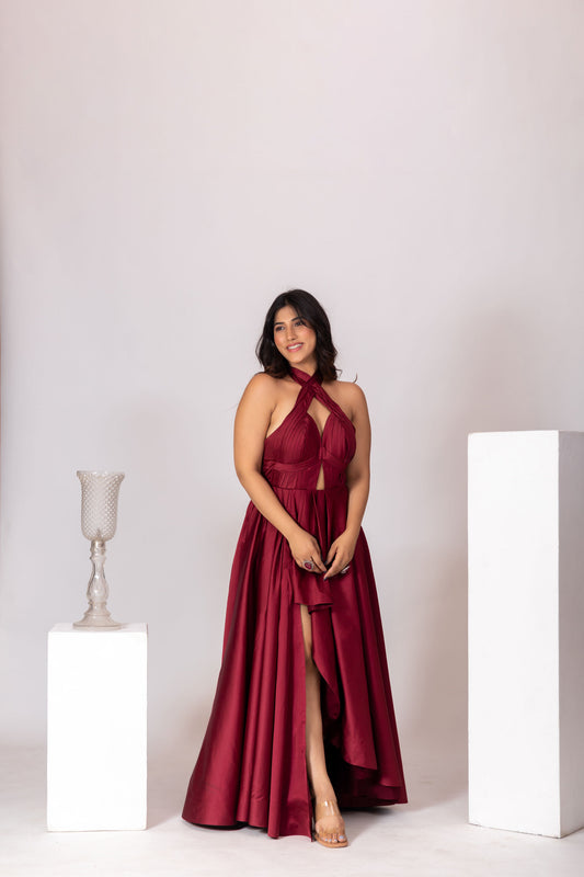 Maroon Red Pleated Bustier Off-Shoulder Gown