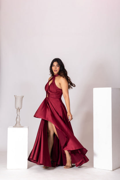 Maroon Red Pleated Bustier Off-Shoulder Gown