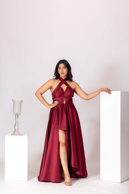 Maroon Red Pleated Bustier Off-Shoulder Gown