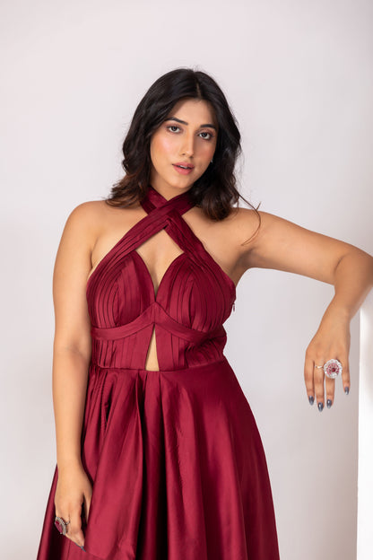 Maroon Red Pleated Bustier Off-Shoulder Gown