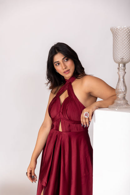 Maroon Red Pleated Bustier Off-Shoulder Gown