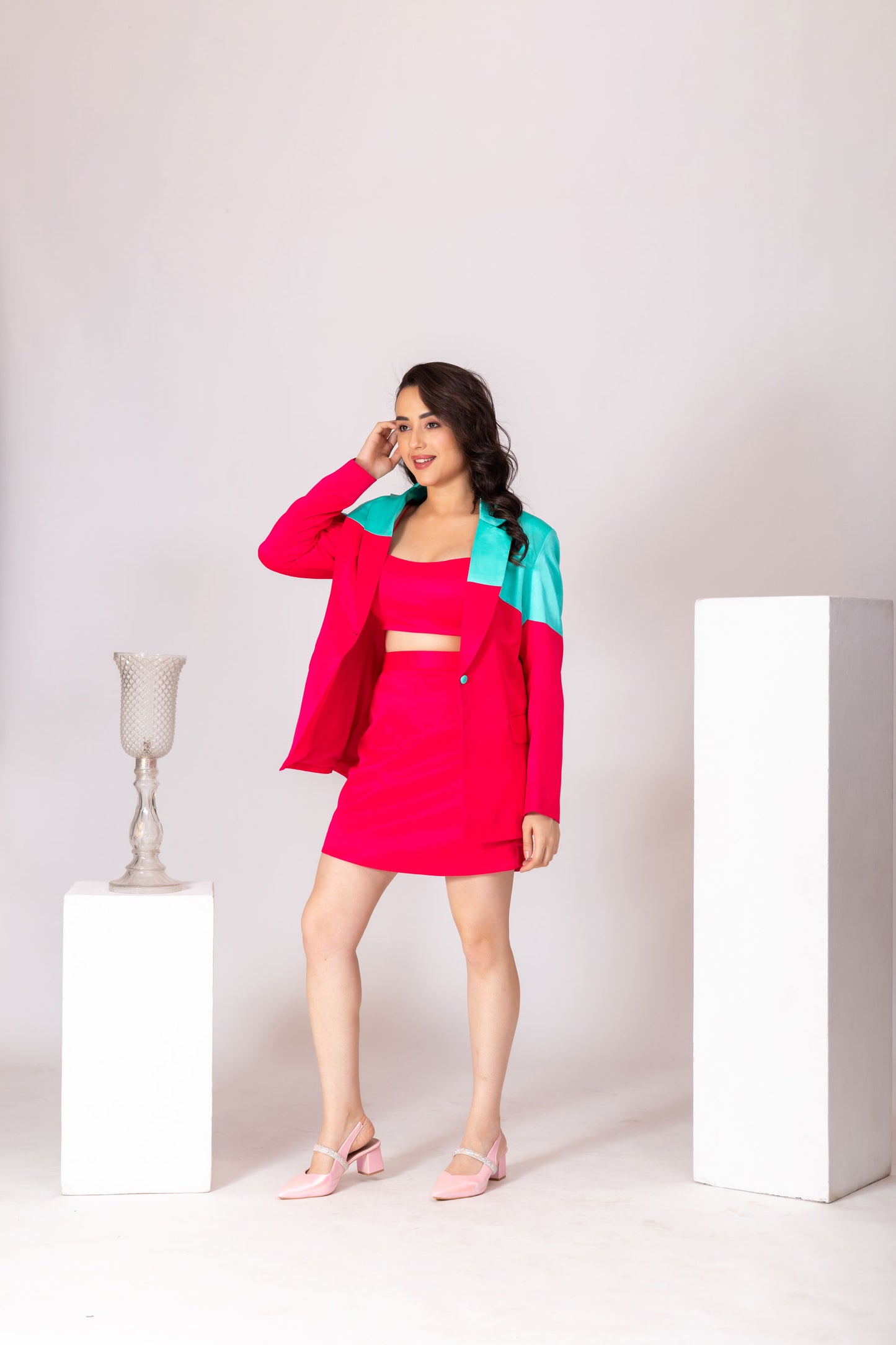 Magenta Pink and Aqua Green Color Blocking Formal Co-ord Set