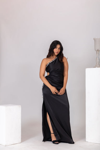 Black One-Shoulder Embellished Waist Gown