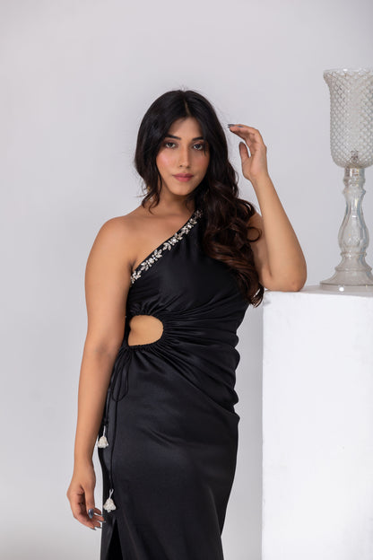 Black One-Shoulder Embellished Waist Gown