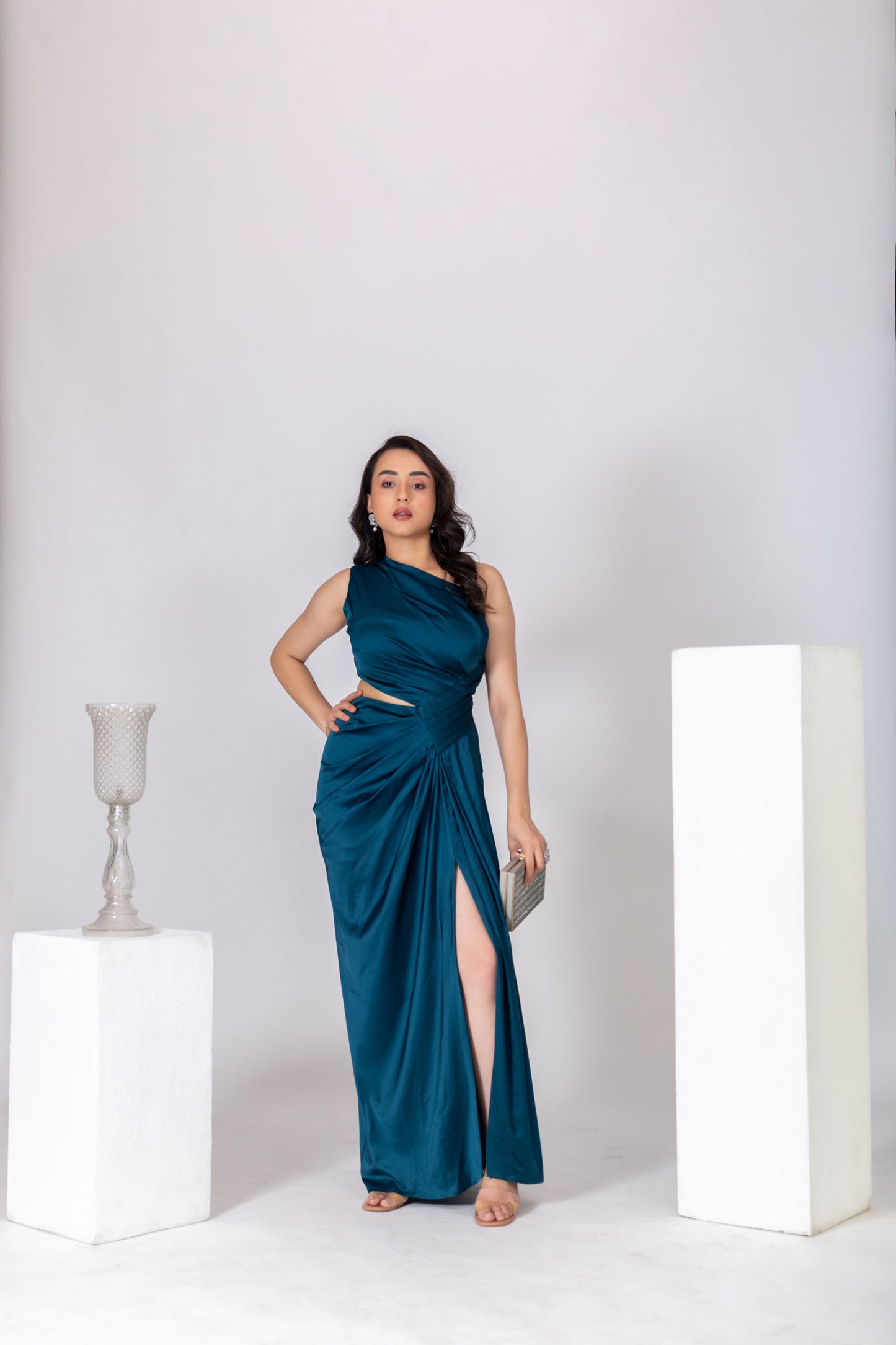 Teal Blue Drappy One-Shoulder Gown