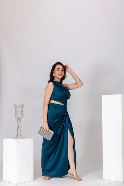 Teal Blue Drappy One-Shoulder Gown