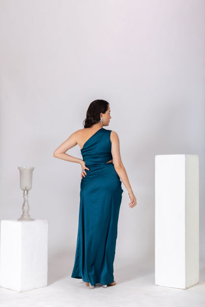 Teal Blue Drappy One-Shoulder Gown