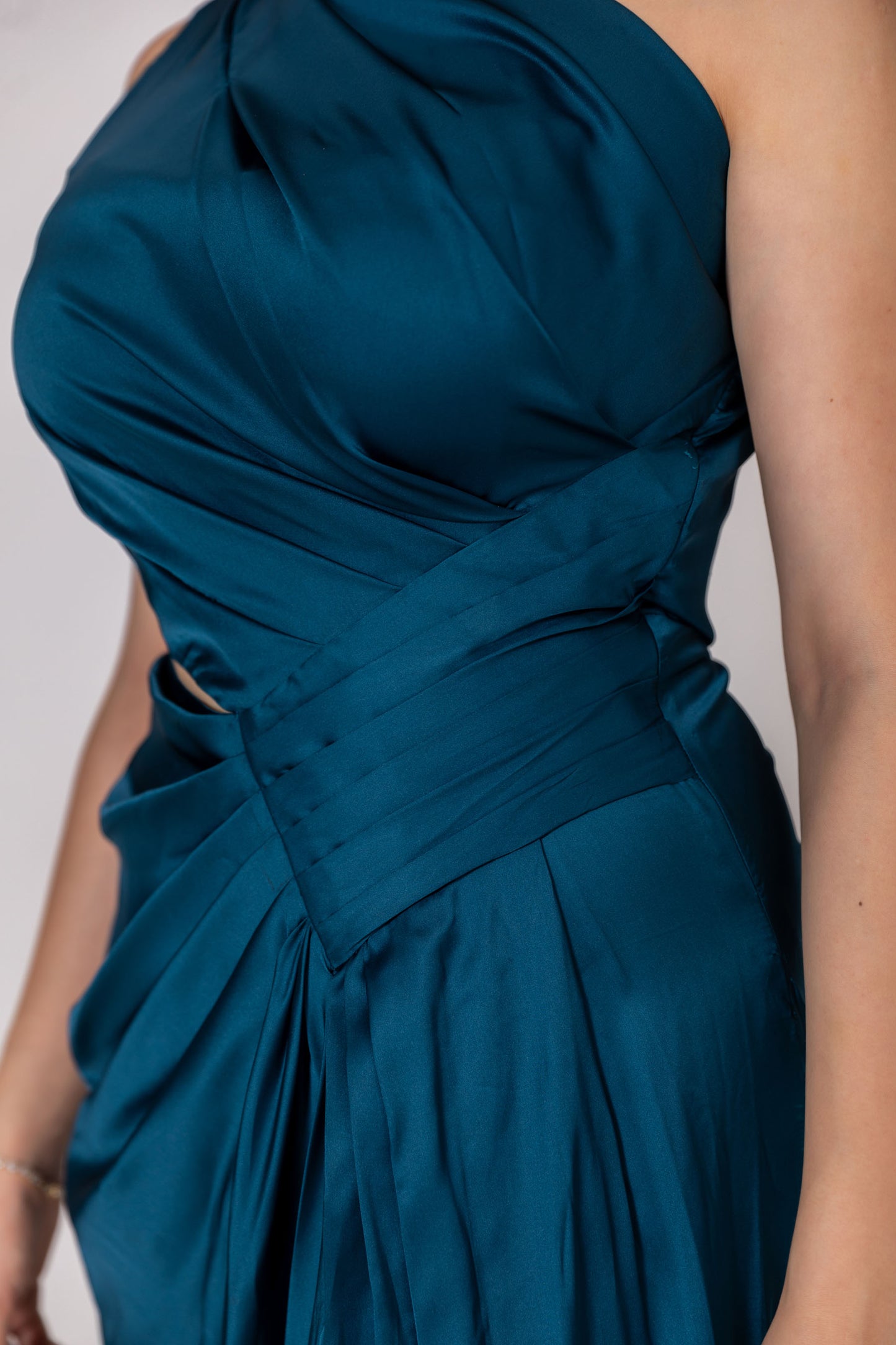 Teal Blue Drappy One-Shoulder Gown