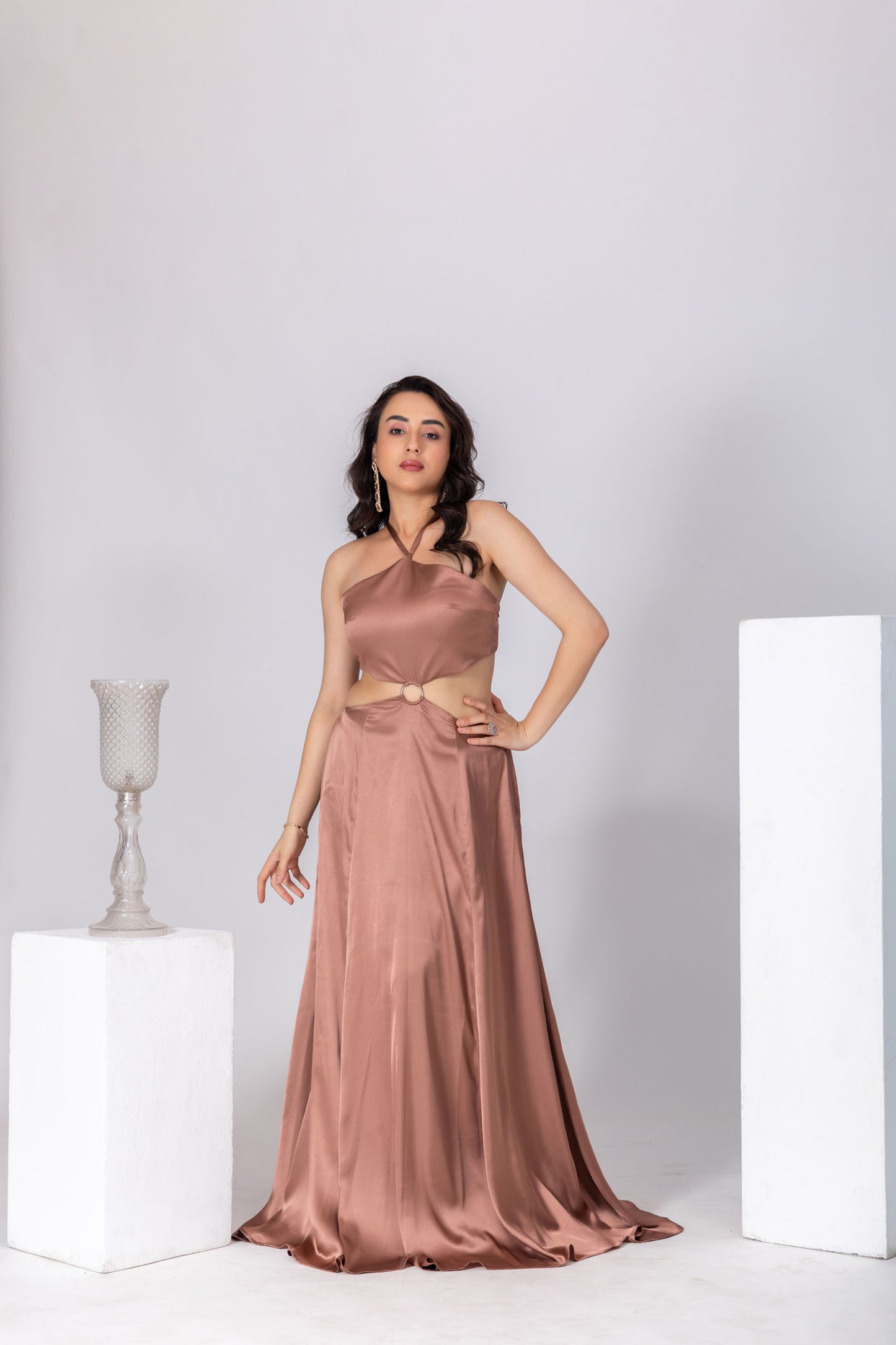 Tan Brown Ring Pattern Flared Hem Gown