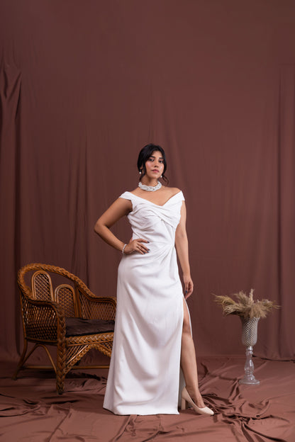 White Off-Shoulder Side Slit Gown