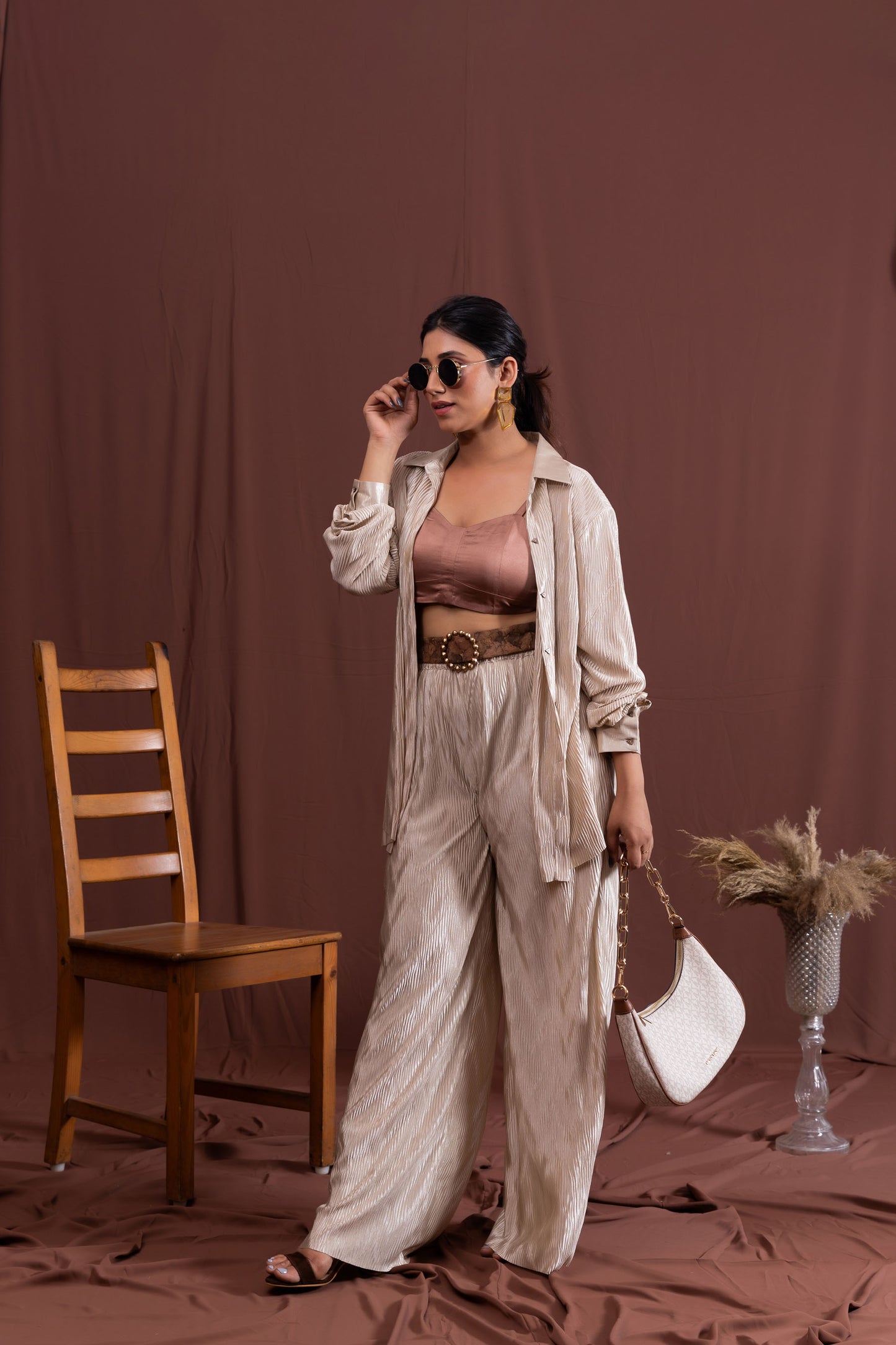 Beige and Brown Dropped Shoulder Co-ord Set