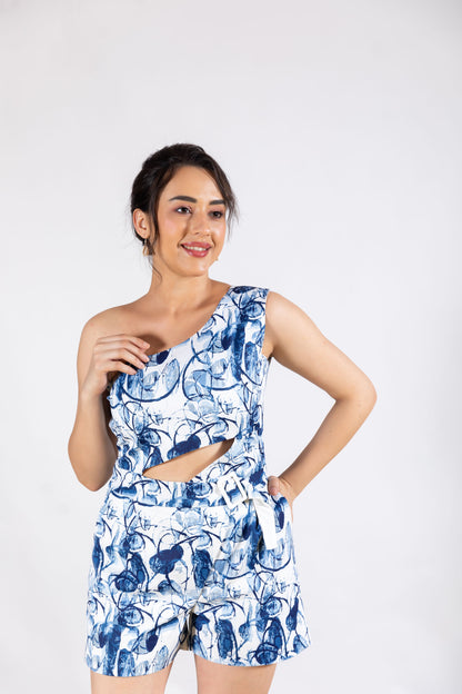 Blue & White One-Shoulder Jumpsuit