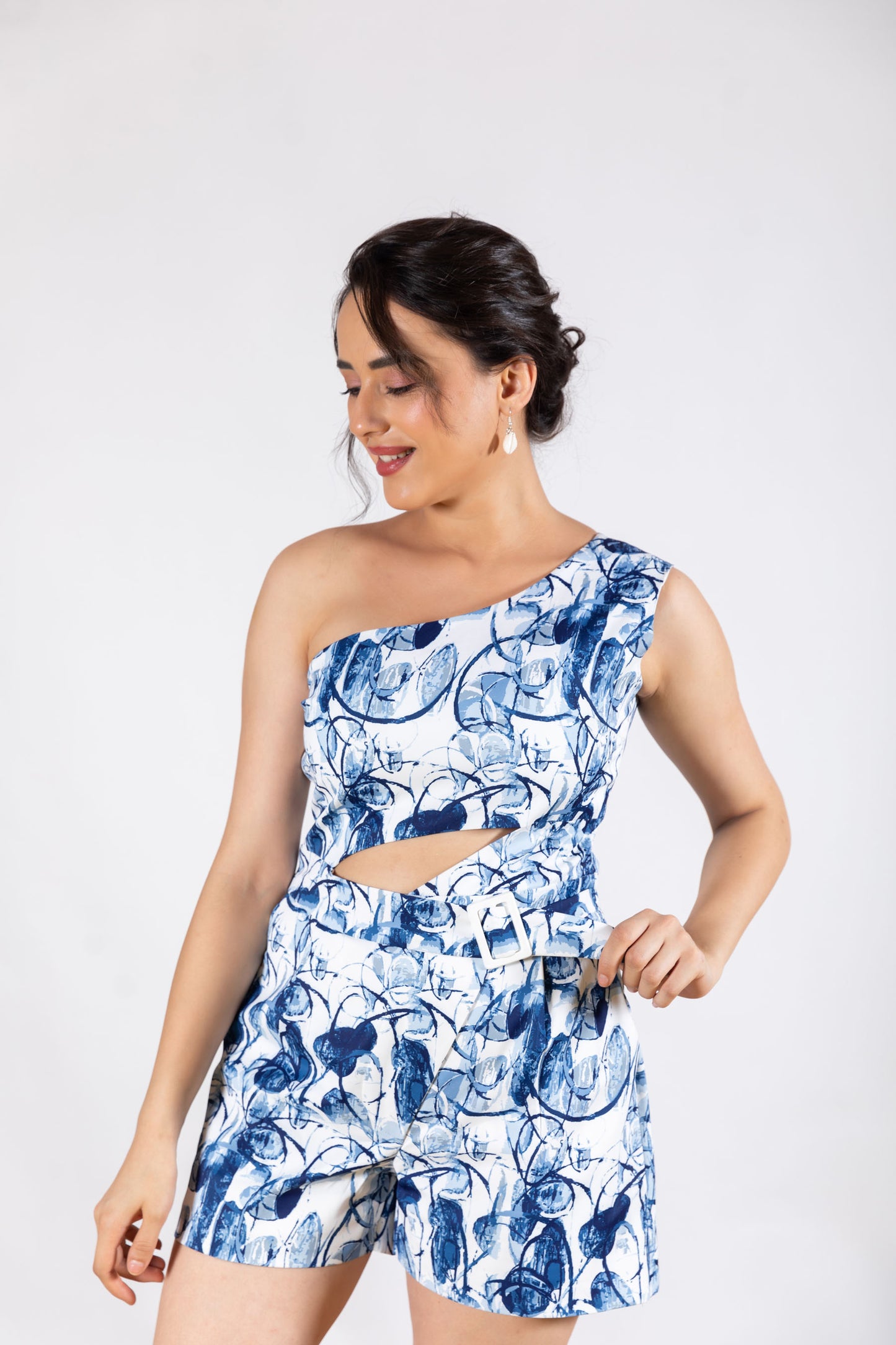 Blue & White One-Shoulder Jumpsuit