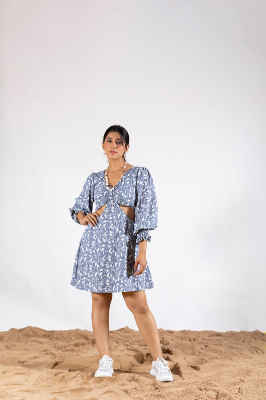 Grey Smocked Sleeve Printed Dress